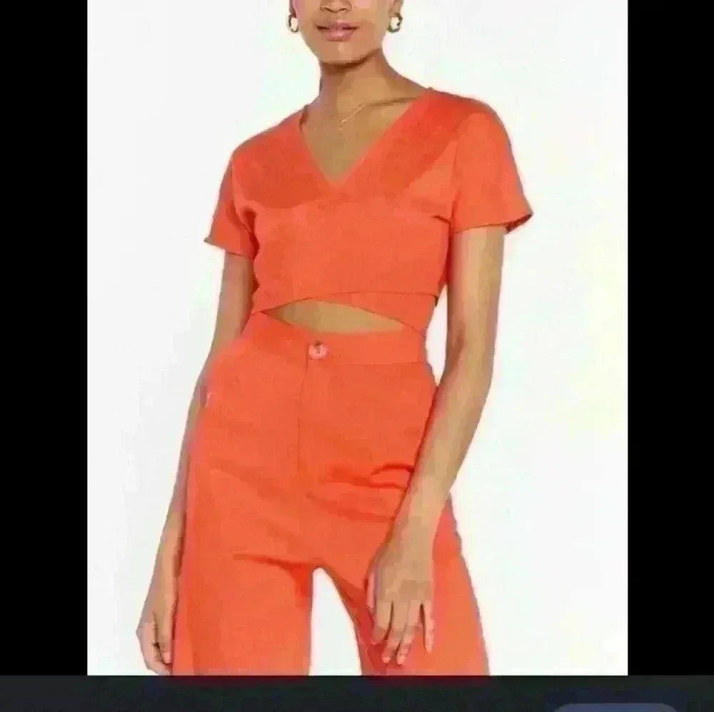 NWNT Revamp orange short sleeve trendy sexy day 2 nite poly blend crop top M